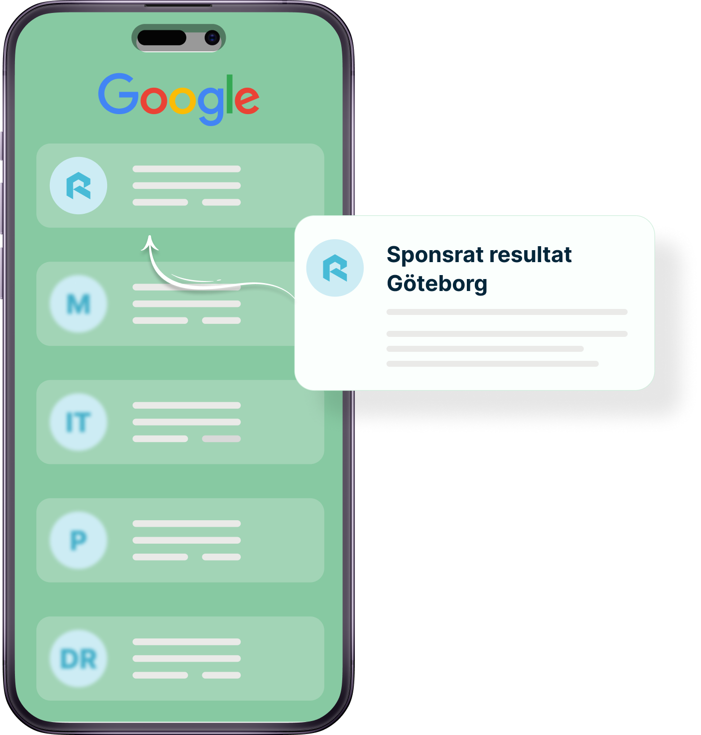 Telefon som visar sponsrat resultat for Google Ads i Göteborg.