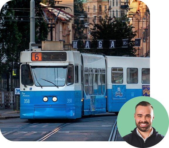Bild på spårvagn och personal från Rank.