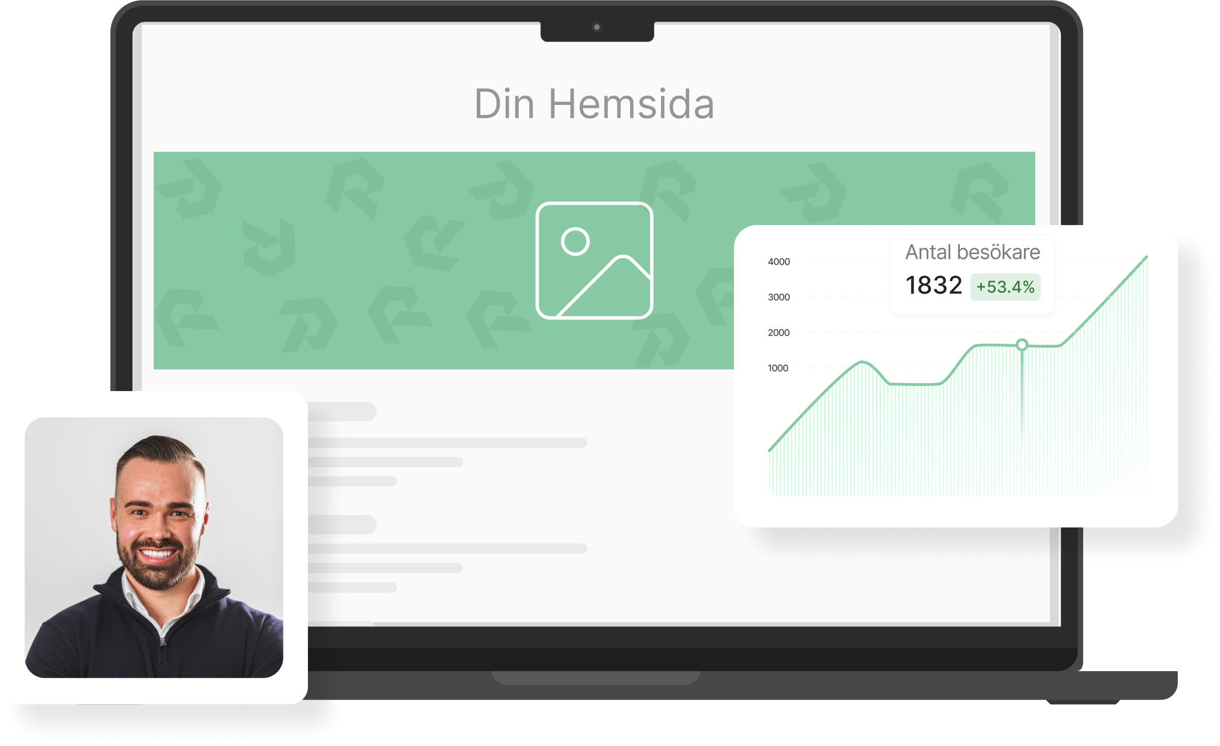 Visar en laptop med en hemsida, statistik, och en bild på en anställd.